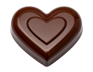 Glossy dark chocolate heart-shaped confection with a nested heart design
