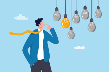 Challenge to pick or choose right opportunity, discover winner idea or invention thinking, select success solution choice concept, smart businessman thinking choosing winner lightbulb idea.