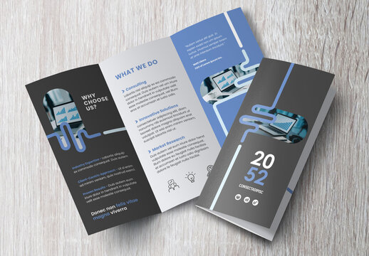 Corporate brochure design template &ndash; Professional modern tri-fold leaflet with geometric layout and business theme in Blue and Black