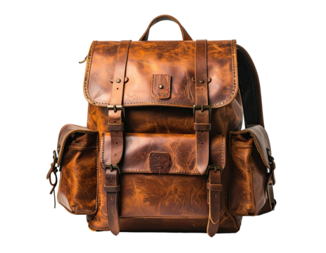 Brown leather backpack with multiple pockets and straps against a plain background