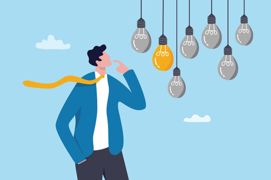 Challenge to pick or choose right opportunity, discover winner idea or invention thinking, select success solution choice concept, smart businessman thinking choosing winner lightbulb idea.