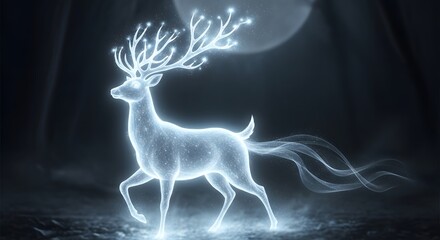 A luminous, mystical deer with glowing antlers and a flowing tail depicted in a fantasy style against a dark background