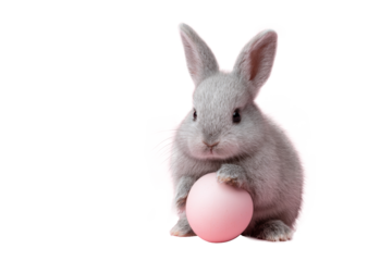 cute gray bunny holding a pink egg