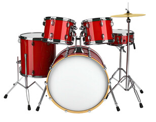 A bright red drum kit, isolated against black, showcasing various drums and cymbals