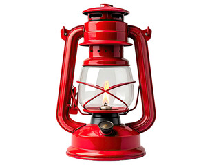 A classic red lantern, glass enclosed, with a flame lit, isolated on a black background