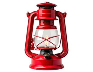 A classic red lantern, glass enclosed, with a flame lit, isolated on a black background