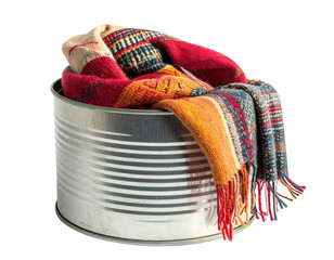Woven textiles, colorful and fringed, overflow a plain cylindrical metal container