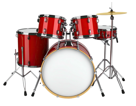 A bright red drum kit, isolated against black, showcasing various drums and cymbals