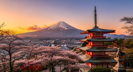 View of Chureito Pagoda and Mount Fuji at sunset, warm golden hour tones, peaceful landscape, Japan travel concept, 8K detail