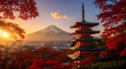 View of Chureito Pagoda and Mount Fuji at sunset, warm golden hour tones, peaceful landscape, Japan travel concept, 8K detail