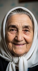 Close-up portrait of an elderly woman with a joyful expression, wearing a white headscarf and smiling warmly at the camera