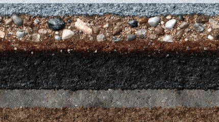 Detailed cross-section showcasing the complex layers beneath an asphalt road.