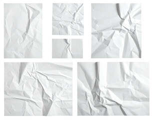 Close-up studio shot of several crumpled white paper sheets with distinct textures