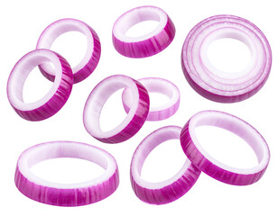Floating, sliced red onion rings against a stark, black background, close-up