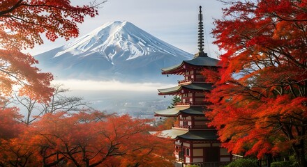 View of Chureito Pagoda and Mount Fuji at sunset, warm golden hour tones, peaceful landscape, Japan travel concept, 8K detail