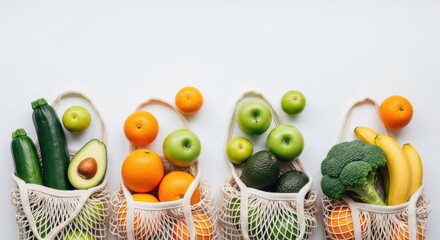 Fresh fruits and vegetables arranged in reusable bags on a light background for healthy eating and sustainability