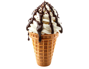 Creamy soft-serve ice cream cone swirled high with chocolate syrup drizzle