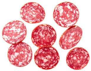 Overhead shot of sliced, speckled meat with varying sizes and orientations