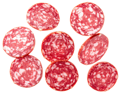 Overhead shot of sliced, speckled meat with varying sizes and orientations
