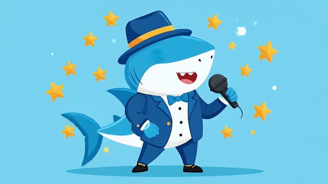 Cartoon shark singing with microphone and stars on a blue background