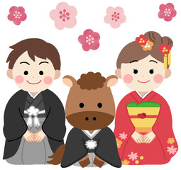 着物を着た男の子と女の子と馬・午の2026年年賀状イラスト