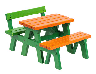 A miniature, colorful wooden picnic table with bench, suitable for kids, on a black ground