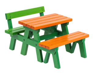 A miniature, colorful wooden picnic table with bench, suitable for kids, on a black ground
