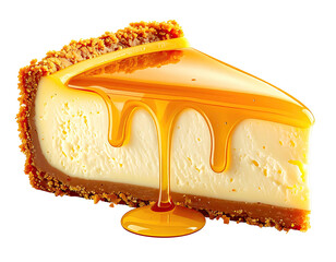 Slice of creamy cheesecake with caramel topping, graham cracker crust