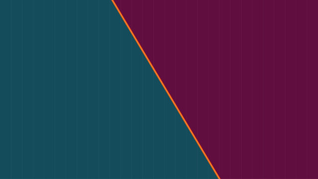 A striking abstract composition featuring a sharp diagonal line dividing two distinct color fields: a rich teal on the left and a deep, luxurious purple on the right, with a vibrant orange accent.