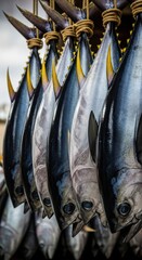 Fototapeta premium Freshly caught tuna hanging at a coastal market in the early morning light