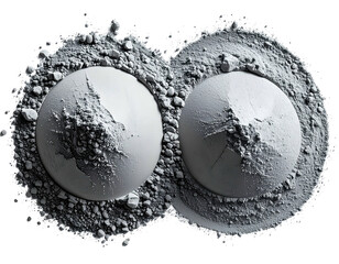 Two spheres dusted with powdered gray substance against a black background