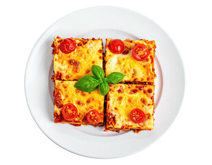 A top-down view of four lasagna squares, garnished with cherry tomatoes and basil