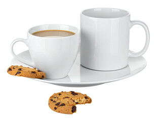 Ceramic mugs, coffee & cookies on a white plate, one cookie partially eaten