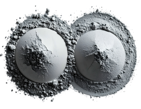 Two spheres dusted with powdered gray substance against a black background