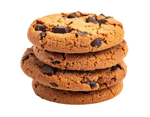 Stack of four round golden-brown baked cookies, filled with dark chocolate chips