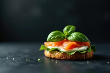 Savory Smoked Salmon Canape with Creamy Spread and Fresh Basil Garnish on a Crispy Cracker