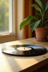 A vinyl record rests on a turntable, bathed in warm sunlight streaming through a nearby window, a potted plant adding a touch of nature to the serene scene.