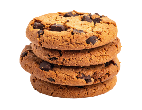 Stack of four round golden-brown baked cookies, filled with dark chocolate chips