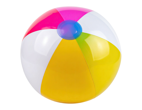 A brightly colored beach ball with vibrant, segmented panels on a black background
