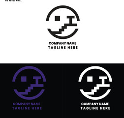 Abstract Pixel Smile Logo - Digital Face or Emoji Icon in a Circle. Modern Geometric Stepped Design for Technology, Gaming, Data, and Software Company.
