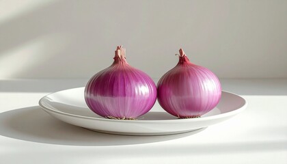 Realistic photo of fresh red onions placed on a plain white plate. 