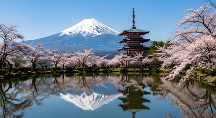 Beautiful Mount Fuji view with traditional pagoda and cherry blossoms, spring season, clear blue sky, perfect symmetry