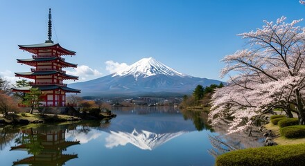 Beautiful Mount Fuji view with traditional pagoda and cherry blossoms, spring season, clear blue sky, perfect symmetry