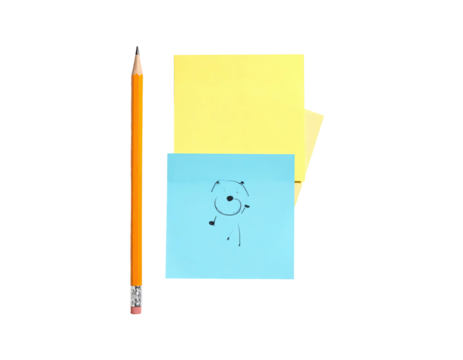 A pencil rests beside two sticky notes, one with a simple doodle on it, isolated
