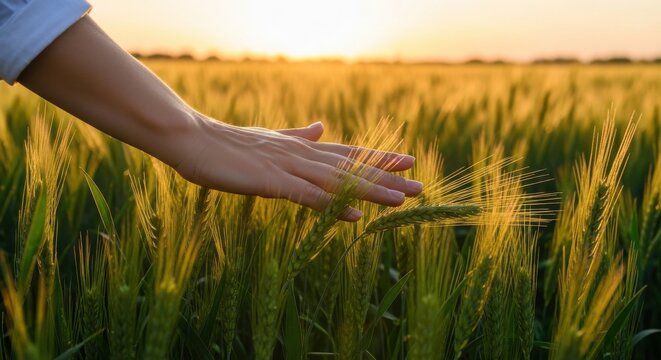 Hand touching golden wheat field at sunset in a rural landscape