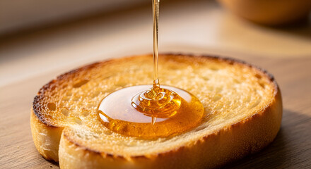Golden honey pouring onto a slice of toasted bread on a wooden surface in a close up shot