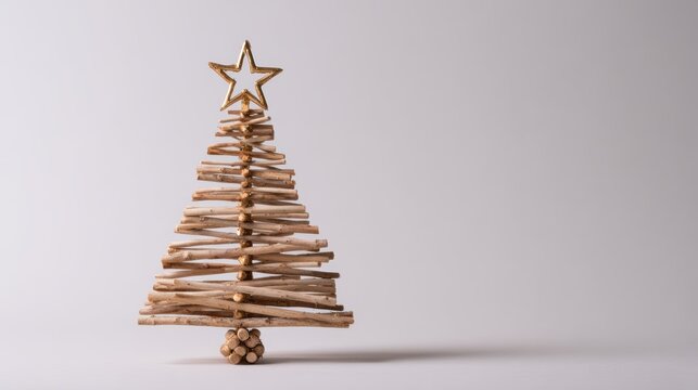 Rustic Christmas tree with a gold star on a neutral background