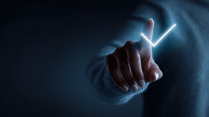 hand touching glowing check mark, concept of approval, acceptance, or success