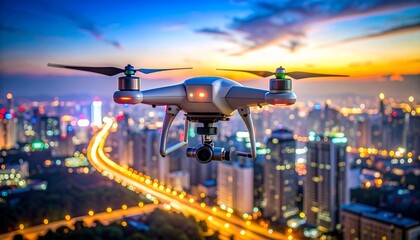 Drone soaring above a vibrant cityscape at sunset capturing urban lights.