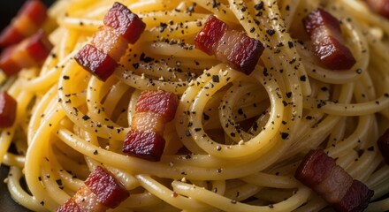 Delicious spaghetti with crispy pancetta served in a bowl at an Italian restaurant during dinner time